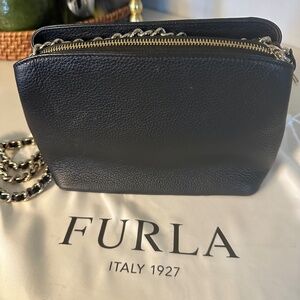 Furla Black Pebble Leather Shoulder Bag with Gold Chain with Black Leather Strap